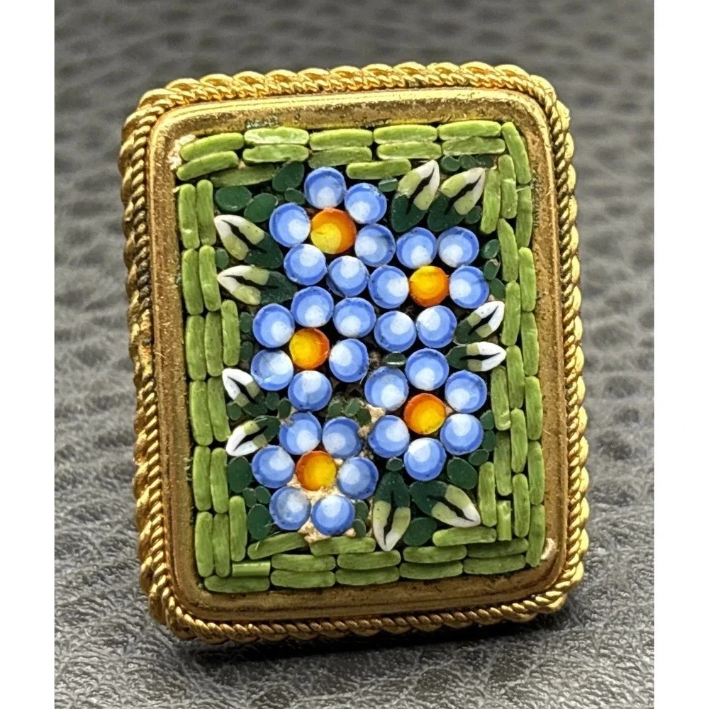 VTG Italian Huge Micro Mosaic Forget-Me-Not Flower Statement Ring Gold Tone Sz 6